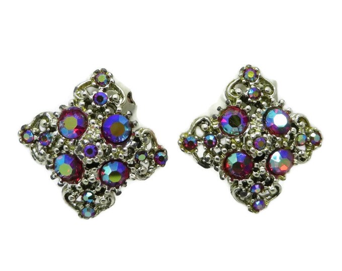 Diamond Shaped Earrings - AB Rhinestone Silver Tone Earrings, Vintage Clip-on Earrings, Gift idea, Gift Boxed