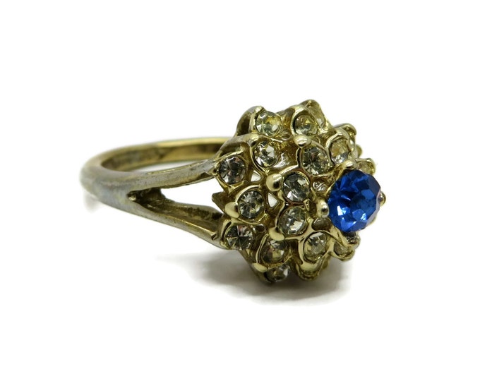 Sapphire Glass Cocktail Ring, Vintage Blue and White 14kt Gold Plated Ring, Size 7.25