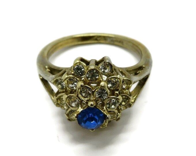 Sapphire Glass Cocktail Ring, Vintage Blue and White 14kt Gold Plated Ring, Size 7.25