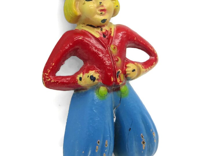 Vintage Dutch Boy Red Blue Plastic 1940s Pin, C Clasp
