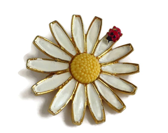 Weiss Daisy Brooch, Vintage White and Yellow Pin, Ladybug Pin, Signed Designer Jewelry, Gift idea, Gift Box