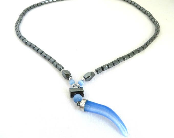 Vintage Hematite Pendant Necklace, Blue Glass Horn Pendant, Boho Costume Jewelry Gift Idea