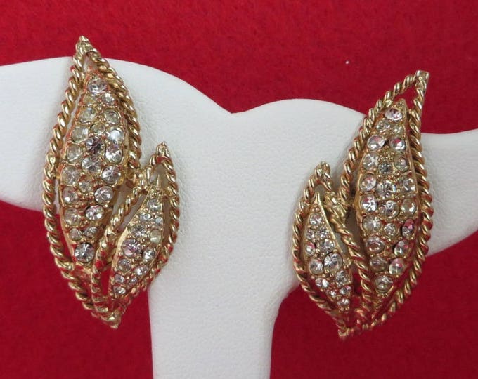 Bridal Earrings, Leaf Clip-ons, Signed Hattie Carnegie Rhinestone Earrings, Vintage Runway Bridal Jewelry Gift Idea
