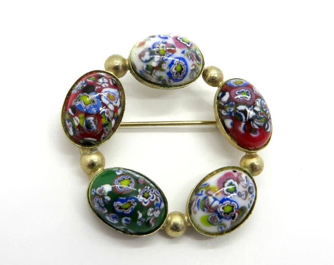 Millefiori Circle Brooch Vintage Italian Glass Pin, Gold Tone Colorful Pin Estate Costume Jewelry