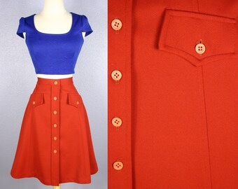Vintage 70s Skirt 1970s MINI Skirt A Line Skirt Flared Skirt MOD Skirt Knit Skirt Rust Skirt High Waist Skirt Retro Midi Skirt Orange Skirt