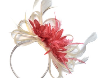 Cream and Coral Pink Fascinator on Headband Alice Band UK Wedding Ascot Races Derby