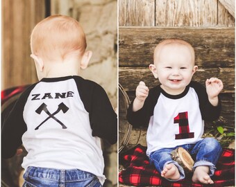 Lumberjack First Birthday Shirt Woodland Birthday - Black Red Plaid Flannel Birthday - 1st Birthday Boy - First Birthday Boy Outfit Raglan