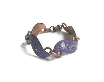 Midcentury Copper and Enamel Bracelet, Purple Splatter Painted Enamel over Copper, Link Bracelet, Costume Jewelry