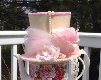 Alice in Wonderland Centerpiece, Mad Hatter Tea Party Decoration - Pink & Cream Felt Hat, Lace, Pearls (5.5" Tall) - Baby or Bridal Shower