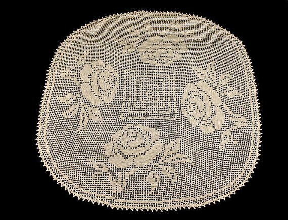 Doily Crochet Tablecloth Rose Design Handmade Square Elegant Roses 33 inches x 29 1/2 inches