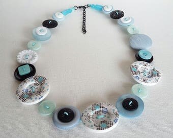 Button Necklace, Button Jewellery, Statement Necklace, Blue Necklace, Pale Blue, Unique Necklace, Handmade Necklace, Quirky Necklace