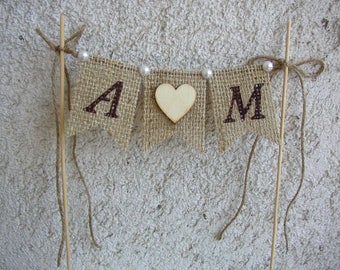 Initial Cake Topper, Rustic Wedding Cake Topper, Personalized Cake Topper, Burlap Rustic Banner, Hessian Wedding Bunting, Name Banner