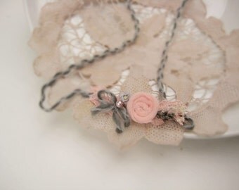 Pink and Grey Baby heabdand, Newborn Pink Headband, Baby Grey Tiebacks, Flower Headband Baby Girl, Newborn Tieback Headband, Baby Prop Halo