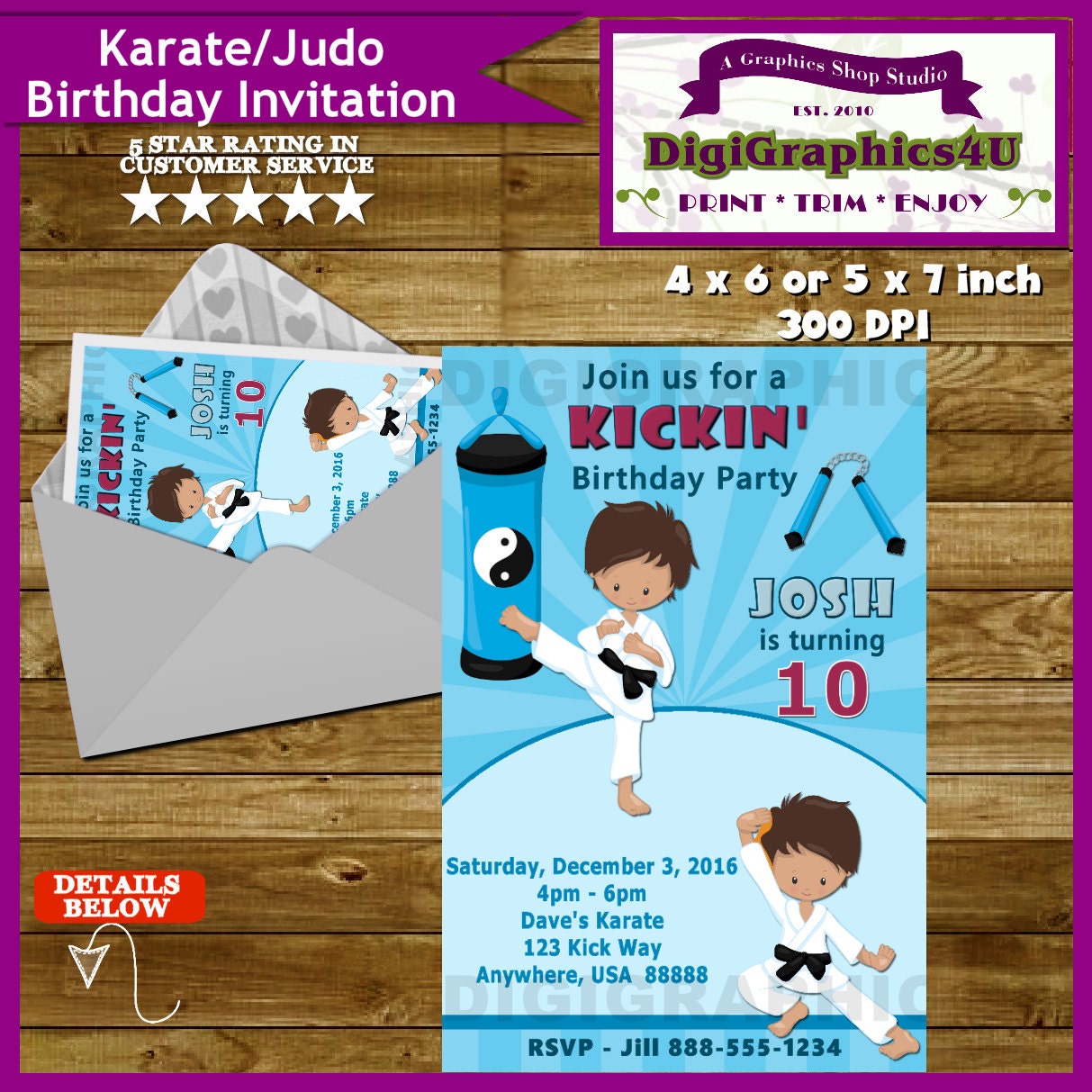 Kung Fu Karate Jujitsu Judo Birthday Party Invitation for