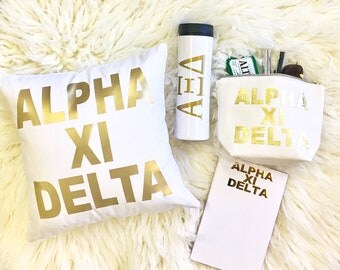 Alpha Xi Delta Pillow Tumbler Cosmetic Bag Notepad Water Bottle | gift | bid day | rush | gold | big sis | lil sis | sorority