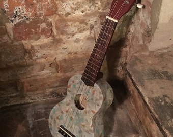 Decoupage one-off ukulele - birds and stamps