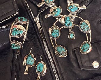Genuine Turquoise Squash Blossom Necklace Bracelet and Earrings SET | Navajo Jewelry Coral Turquoise Real Silver Naja Necklace Southwestern