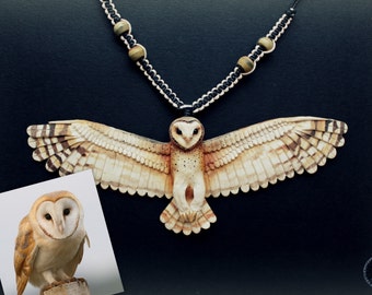 Barn owl (Tyto Alba) realistic polymer clay necklace
