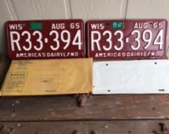License Plate Set - 1965 Never Used Wisconsin Passenger Car License Plate set- with Papers