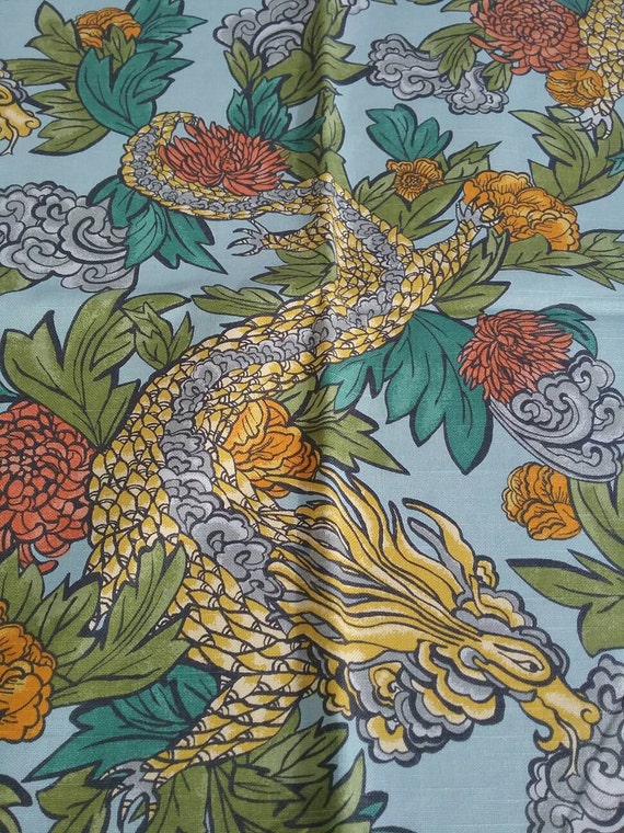 Robert Allen Fabric Ming Dragon Persimmon Aquatint Midnight