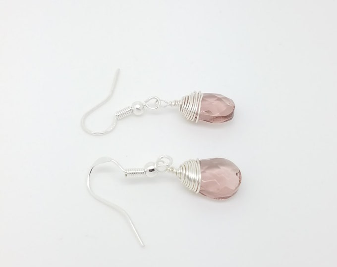 Pink quartz earrings wire wrapping pink quartz earrings sterling silver pin quartz wire wrapping earrings pink earrings