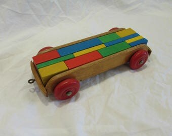 Toy Wagon and Blocks, Wood, One Wagon 1950's, Twelve Blocks 1970's
