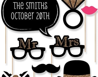 20 pc. Mr. & Mrs. - Gold - Wedding Photo Booth Props - Printed and Cut Kit with Mustache, Hat, Bow Tie, Glasses and Custom Talk Bubble