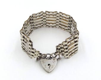 Sterling Silver Gate Bracelet With Heart Padlock | Vintage 6 Bar Victorian Style Gate Bracelet | Hallmarked 1978