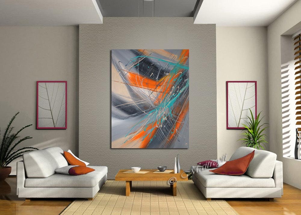 Grey Orange Turquoise Abstract art large painting on