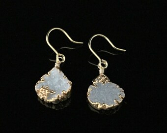 Dangly White Druzy Earrings // Bezel Set in 18k Gold Vermeil with Gold Fill Ear Wires