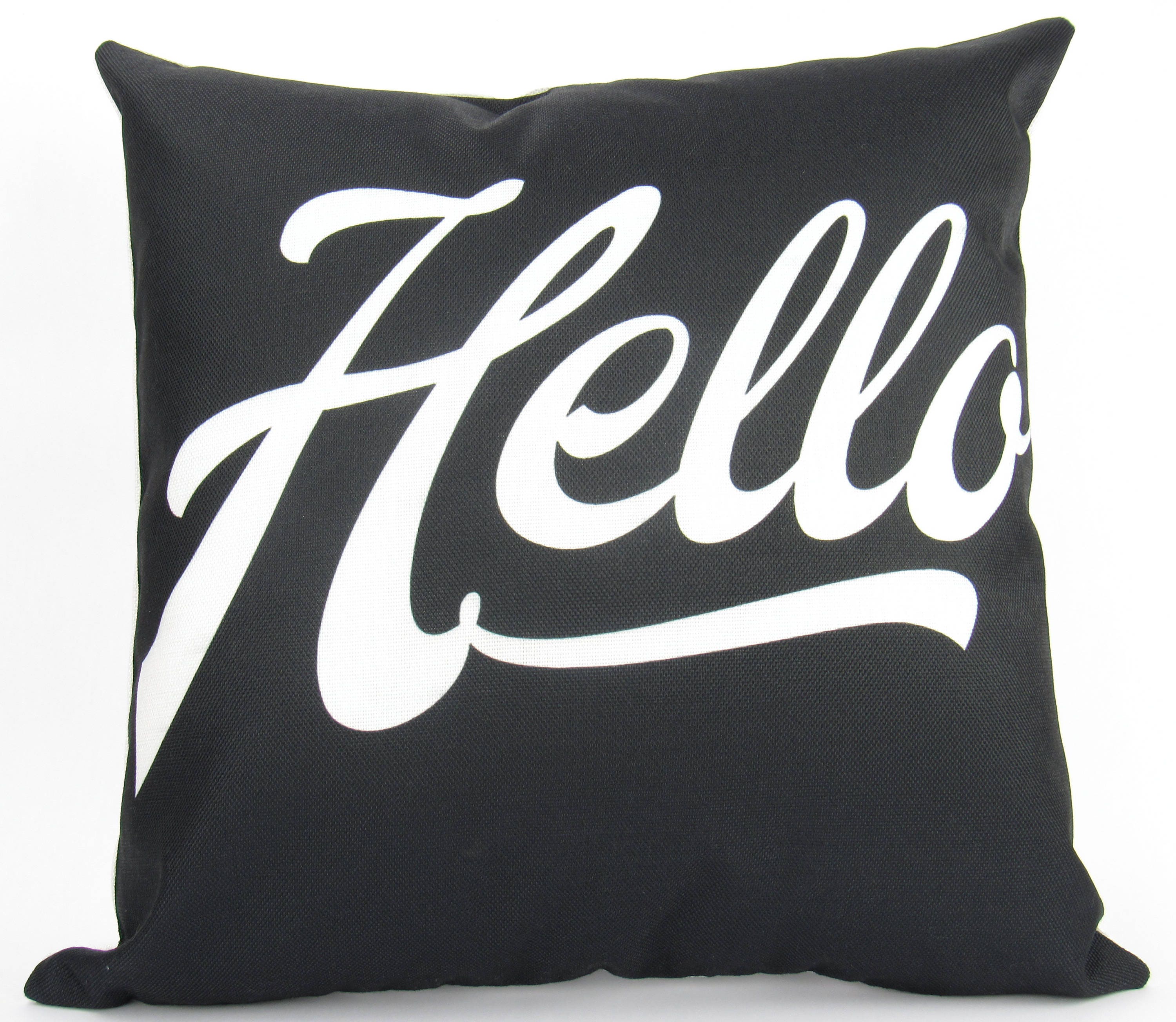 Hello on Black with White Writing Pillow Cover