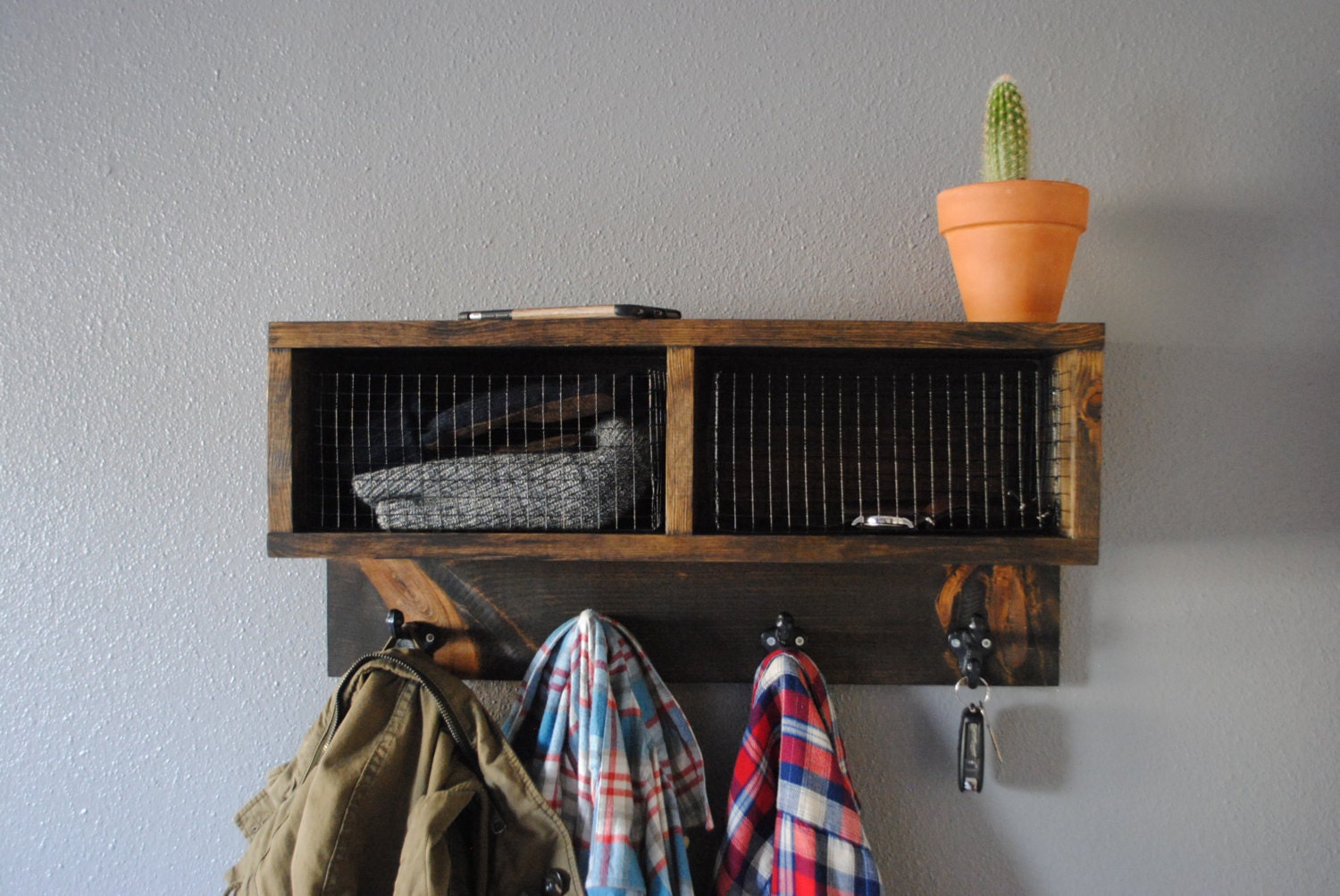 Rustic Industrial Wall Coat Rack With Storage Shelf and Wire