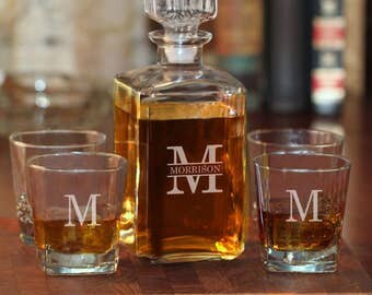 5-Piece Whiskey Decanter Set with Block Name and Initial (e101-1210-2) - Free Personalization