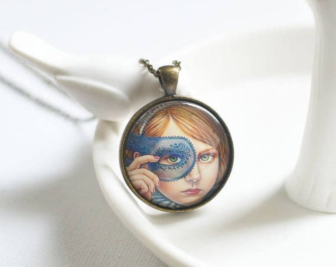 FEMALE IMAGES Round pendant metal brass with the image of girls under glass , Rustic , Vintage, Blue