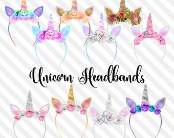Unicorn Headbands Clip Art, glitter unicorn ears and horns clipart, photo overlays, pastel filter princess party fairy tale digital download