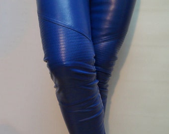 Vegan Leather Pants/Stretchy Pants/Leggings/Skinny Pants/Blue Vegan Leather Pants/Moto style Pants/Biker pants/Slim leg Pants/F1296