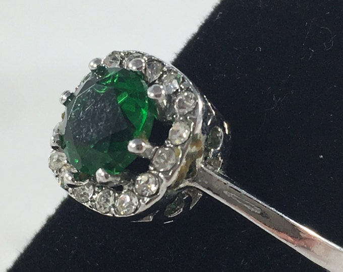 Storewide 25% Off SALE Vintage Silver Tone Emerald Green Designer Cocktail Ring Featuring Rhinestone Accented Design