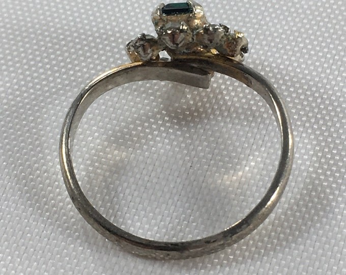 Storewide 25% Off SALE Vintage Silver Tone Emerald Green Adjustable Cocktail Ring Featuring Rhinestone Flanked Design