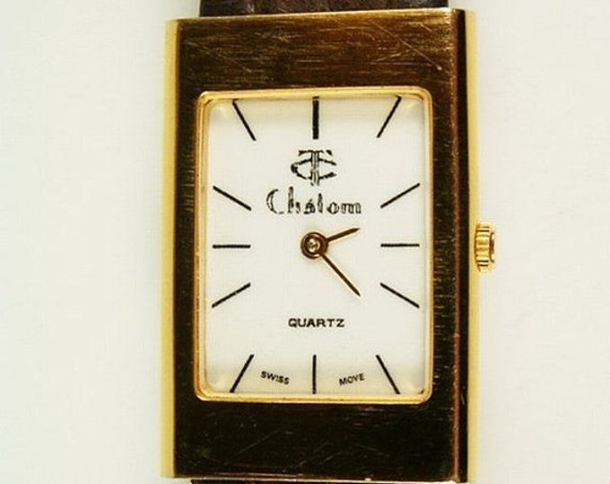 Storewide 25% Off SALE Lovely Vintage Ladies Chalom Designer Quartz Rectangular Gold Tone White Dial Watch Featuring Original Brown Leader B