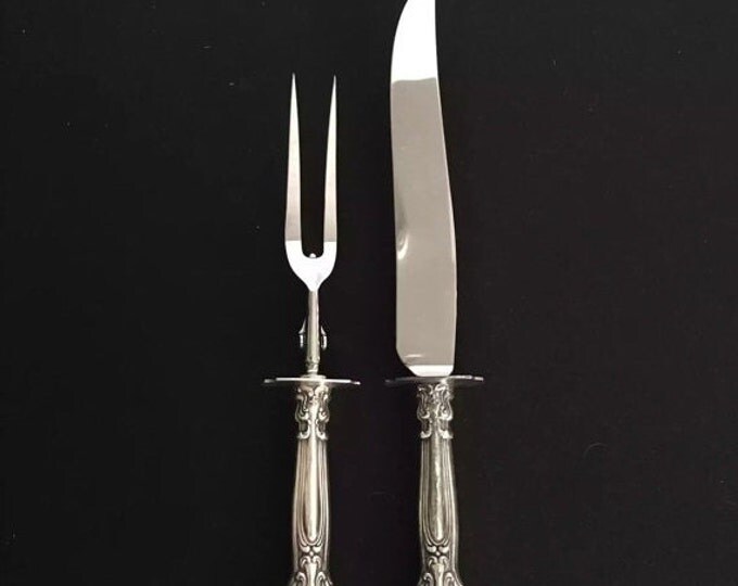 Storewide 25% Off SALE Vintage Buckingham 1910 Gorham Sterling Silver French Blade Carving Knife & Meat Fork Set Featuring Timeless Inscribe