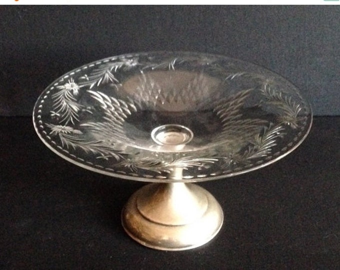 Storewide 25% Off SALE Vintage Etched Crystal Sterling Silver Serving Compote Featuring Delicate Floral Accents With Feathered Trim Design