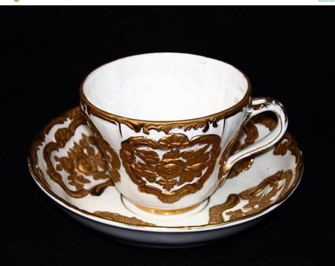 Storewide 25% Off SALE Vintage Gold Trim Hand Painted Oversized Porcelain Cup & Saucer Set Featuring French Provincial Design