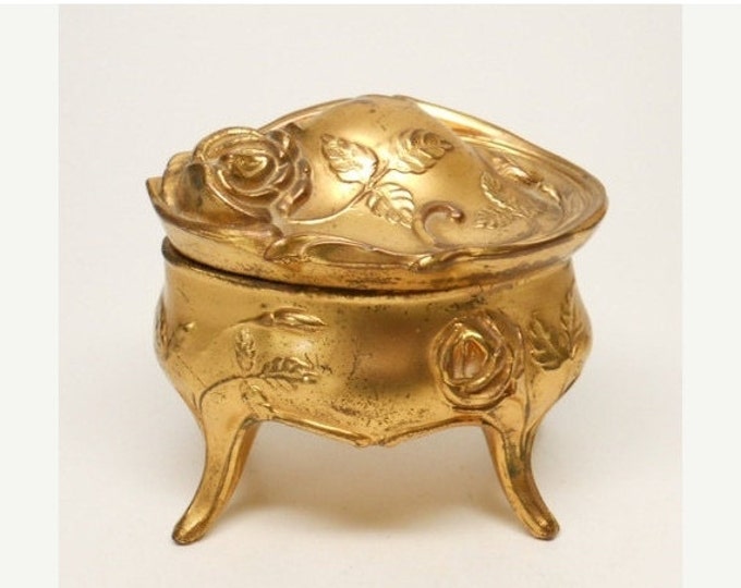 Storewide 25% Off SALE Antique Circa 1910 Art Nouveau Footed Jewelry Casket in Gold Tone Setting Featuring Rose Buds, Flowers, Leaves and Sc