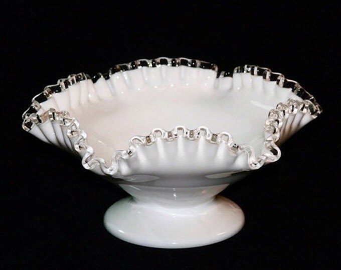 Storewide 25% Off SALE Vintage Medium Fenton Silver Crested White Milk Glass Centerpiece Ruffle Compote Bowl Featuring Classical Fenton Desi
