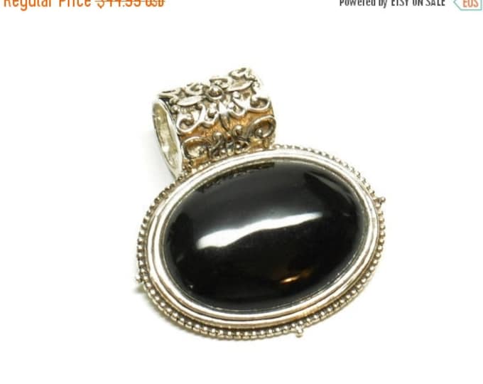 Storewide 25% Off SALE Vintage Silver Trimmed Black Cabochon Necklace Pendant Featuring Victorian Style Scrolled Designs