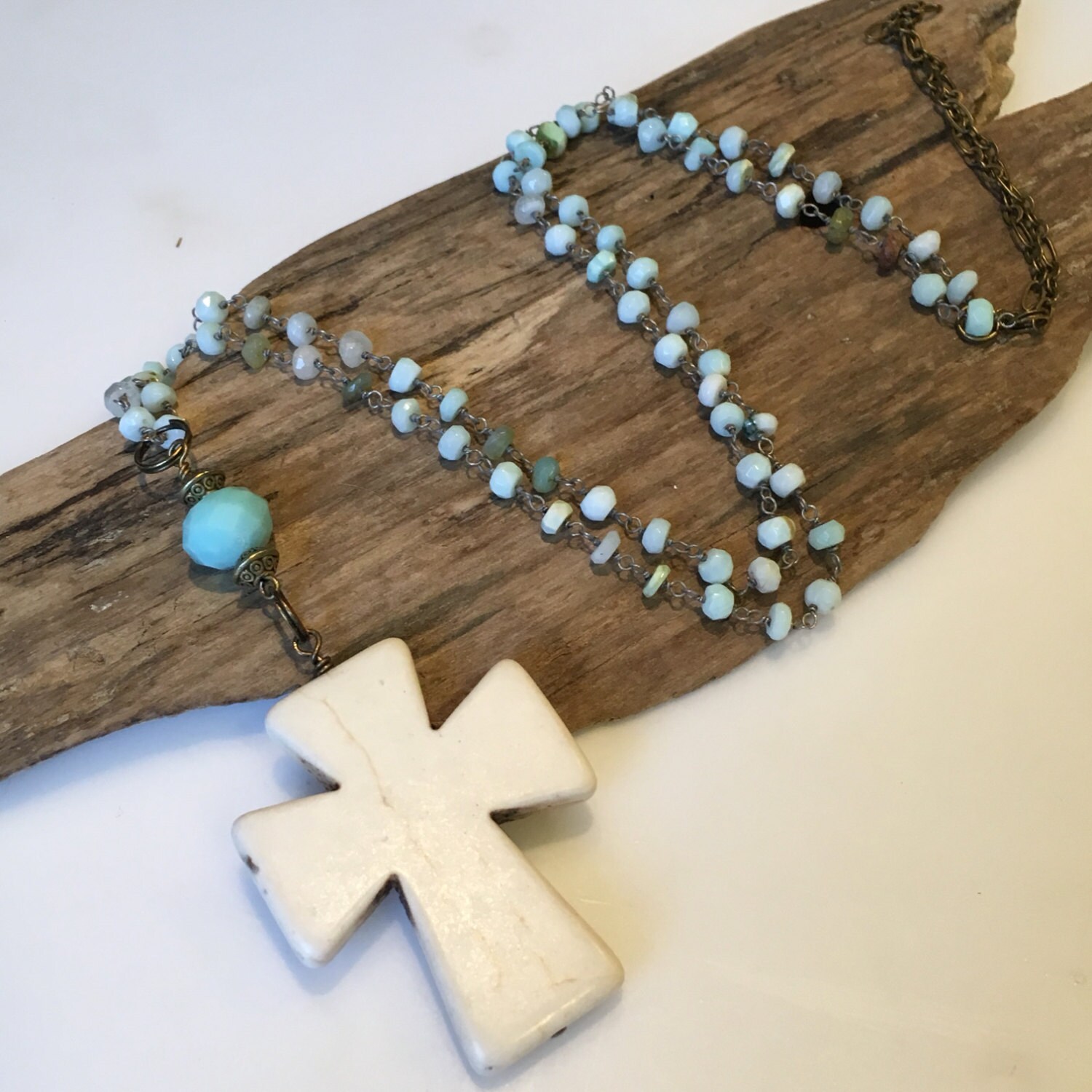 Beaded Pendant Cross Necklace Long Beaded Boho Necklace Aqua