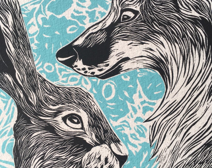 Fox & Hare Illustration Linocut Giclee Print, Rabbit, Foxes, Moon - A3 - 30x42cm