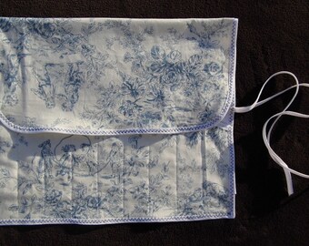 Hand Made Knitting Needle Case - Toile de Jouy design, Blue with white edging