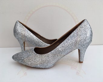 Silver Glitter Shoes - Metallic Glitter - Mid Heel - Bridal - Wedding Shoes - Bridesmaid - Prom - Party - Customised Shoes - UK Size 3-8