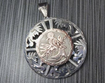 Vintage Silver Bird Pendant Pin Quetzal Bird Charm 900 Silver Pierced Two Tone Charm Silver Guatemala Bird Charm Large - Free Shipping